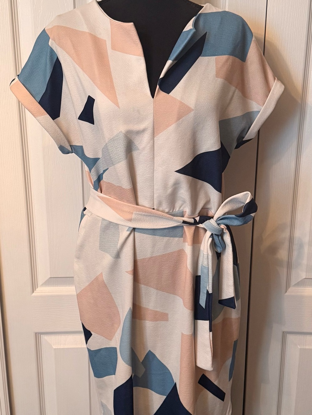 Abstract Color-Block Belted Midi Dress in Cream, Blue & Peach